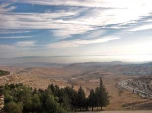 The view from Mt. Scopus looking toward the Dead Sea in the distance to the right. Note how the vegetation in the hills and valleys outside of Jerusalem have been completely denuded by thousands of years of animal grazing.