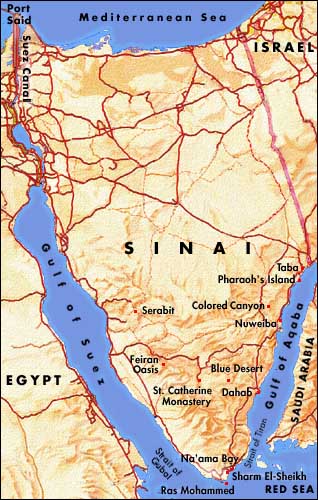 A map of the Sinai with main roads. Note how much of the Sinai is