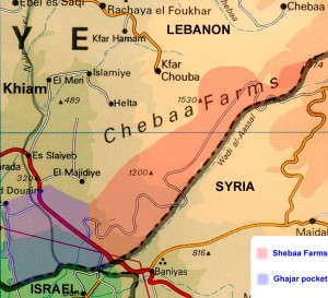 The Sheba (alternately spelled Chebaa) Farms area. Your humble servant will be in area at the border of Lebanon and Israel on Monday (map: mplbelgique).