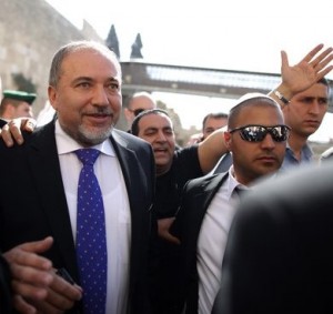 An exuberant Lieberman at the Kotel (Western Wall) yesterday after his acquittal (picture: latimes).