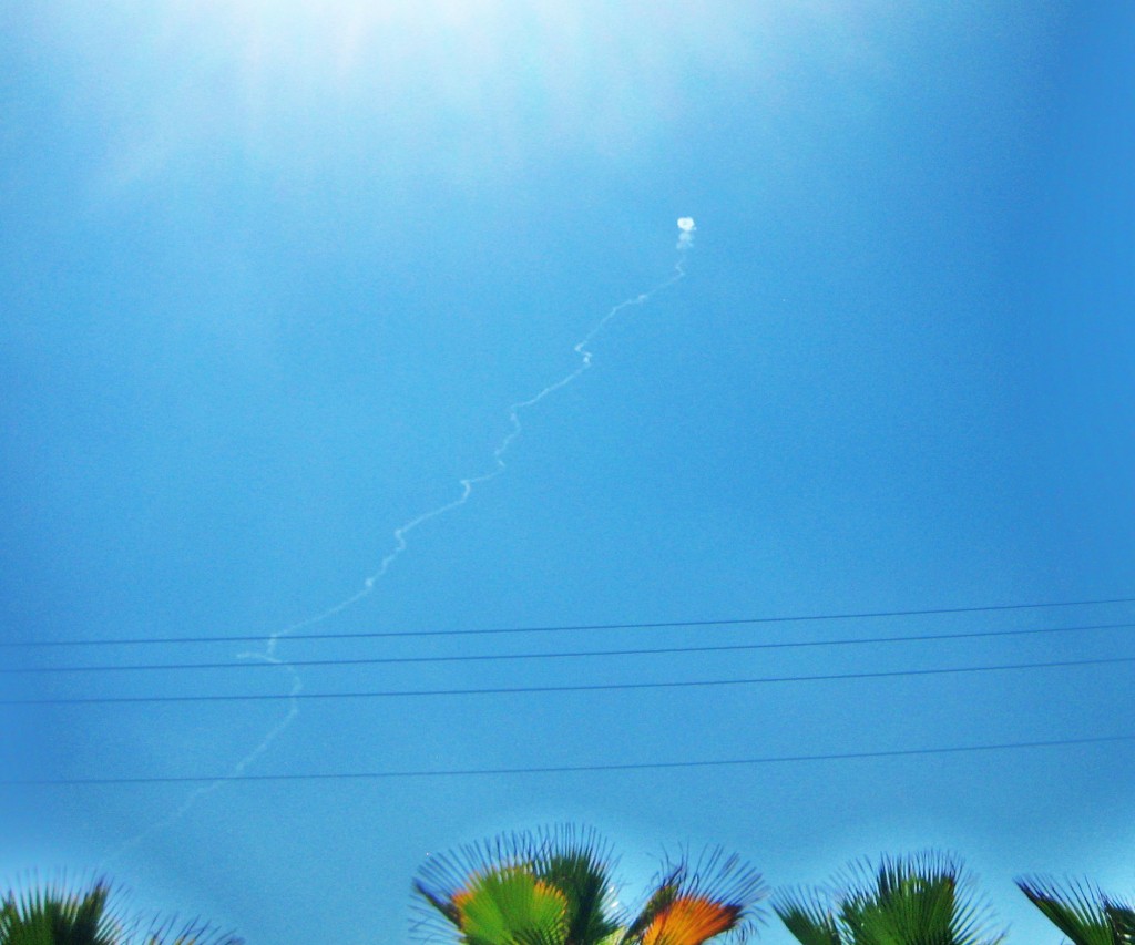 Note the "snakey" trail of the Iron Dome that begins in the lower left corner of the picture.