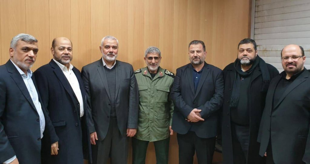 The leadership of Hamas meeting with the new leader of the Quds Force of the Iranian Revolutionary Guards in Tehran today. The uniformed man in the middle is General Ismail Qaani who has taken Soleimani's place. To his right is the leader of Hamas, Ismail Haniyeh.