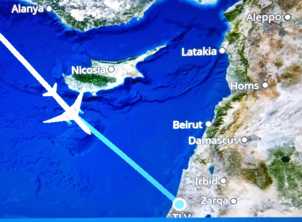 A photo that I took of the airline tracker about 20 minutes before our arrival in Tel Aviv (the dot at the bottom of the photo).