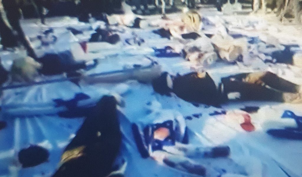It is difficult to tell from this blurry screen shot that these are supposed be Arab-Israeli dead lying in the street. This anti-government protest is supposed to be about the high crime rate in Israeli-Arab towns.