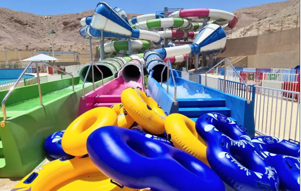 A small section of slides from the large new water park just built in Eilat. With daily temperatures in the 100-120 F range and the Red Sea icy cold and rough, the park promises to be a hit with tourists.