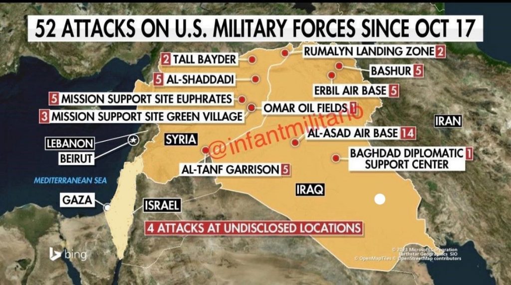U.S, bases in Syria (and Iraq). There were more attacks by Iranian proxies on them last night (graphic source on graphic).
